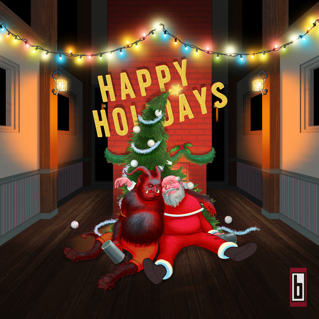 Krampus & Kringle passed out on a Christmas Tree in front of Fireplace full image