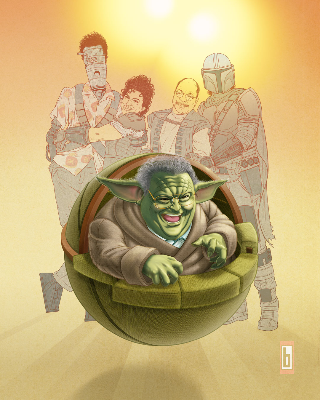 NEWMANDO floating in his green 70s crib in front of Mandalorian Cast illustration by Bowman 2023