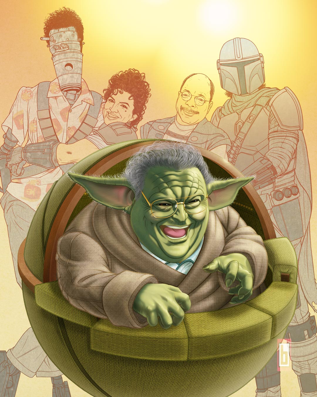 CU NEWMANDO floating in his green 70s crib in front of Mandalorian Cast illustration by Bowman 2023