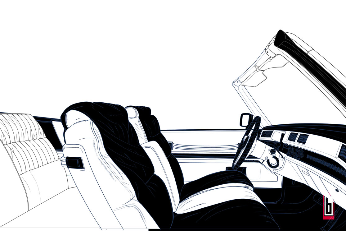 CLARENCE and ALABAMA GO TO CANCUN Line drawing car interior white blocks